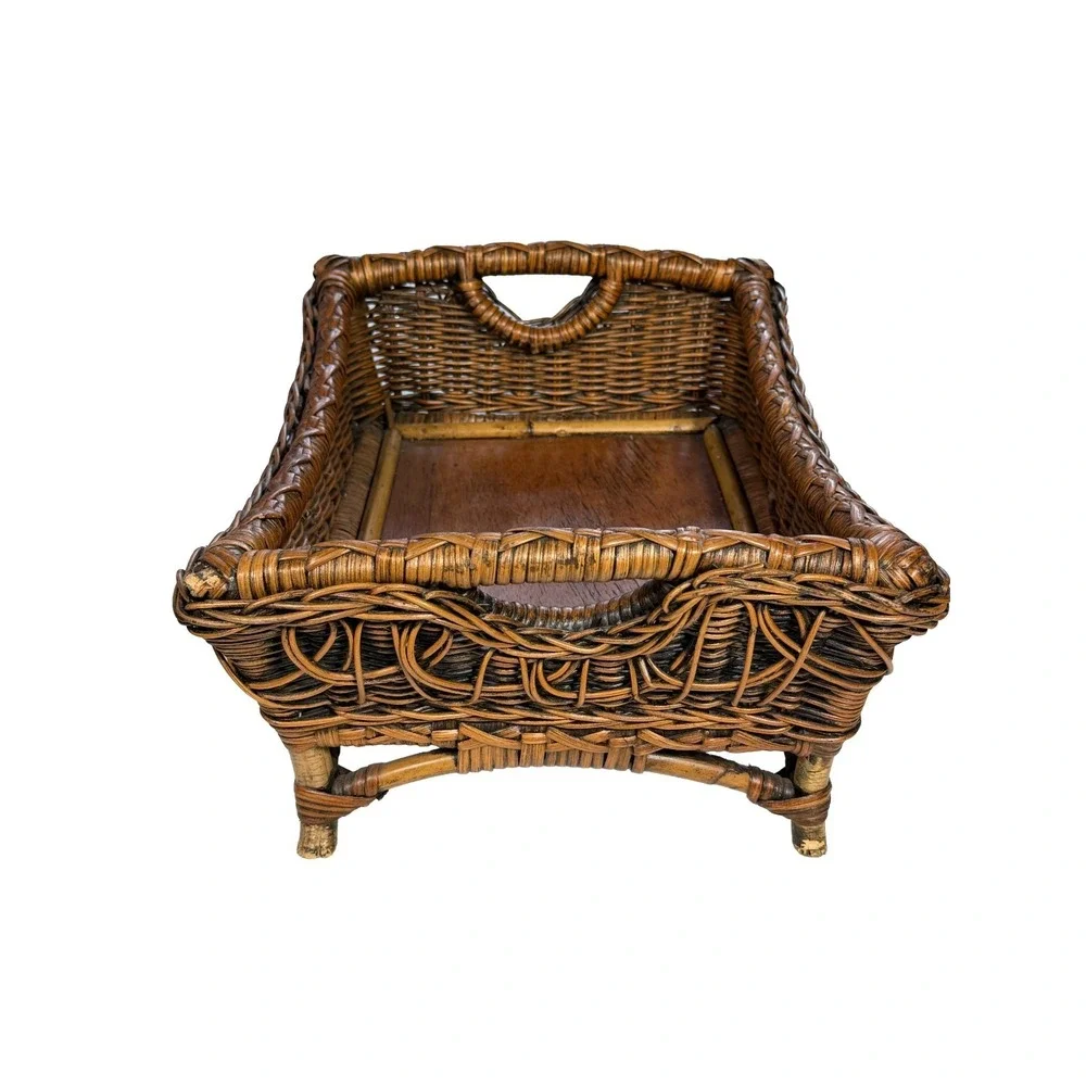 Vintage Footed Rattan Wicker Basket Tray Handles Wooden Base 17